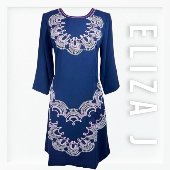 NWT Eliza J Navy and Purple Embroidered Shift Dress sz 10 - Picture 1 of 15